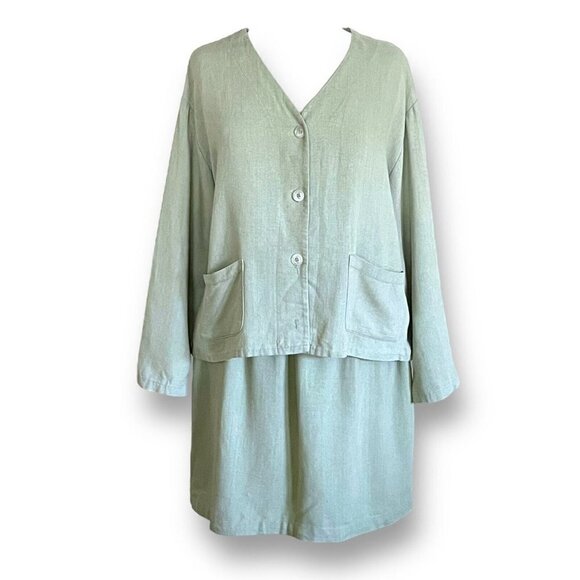 Vintage 90s Basic Threads Women Sage Green Skirt Set M/L Cotton Linen Minimalist - Picture 1 of 8